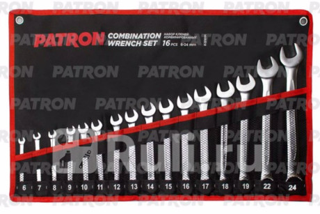Набор ключей комбинированных 16 пр: 6, 7, 8, 9, 10, 11, 12, 13, 14, 15, 16, 17, 18, 19, 22, 24 мм, на полотне PATRON P-5161M для Автотовары, PATRON, P-5161M